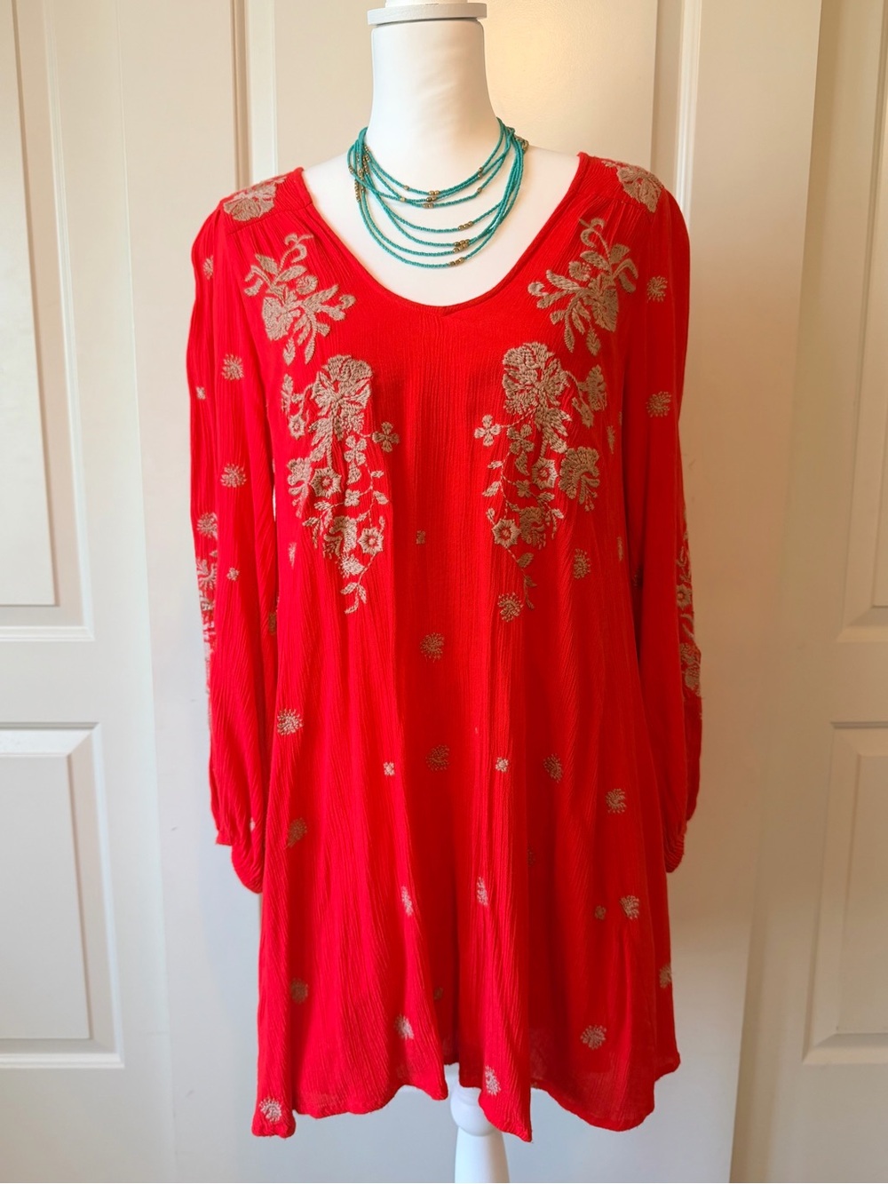 Free People Red Long Sleeve V-Neck Embroidered Tunic Dress